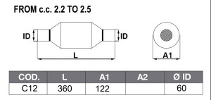 afmetingen universele 200 cells race katalysator met 60mm aansluiting